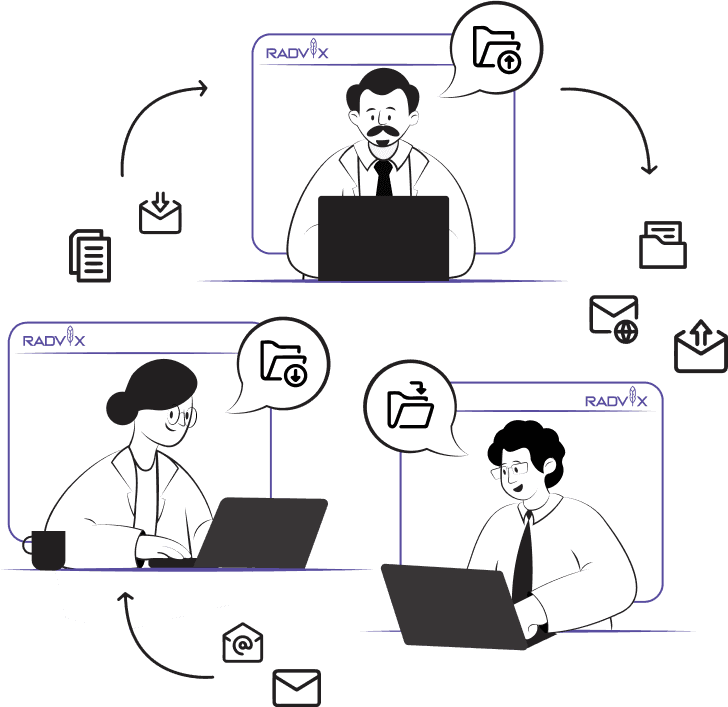 Illustration of three researchers using Radvix on their laptops, depicted in separate frames. Each researcher is shown with a folder icon indicating file management and data organization. Arrows and icons around the researchers represent seamless communication and data sharing. The Radvix logo is visible in the background, emphasizing the platform's role in enhancing collaborative research efforts.