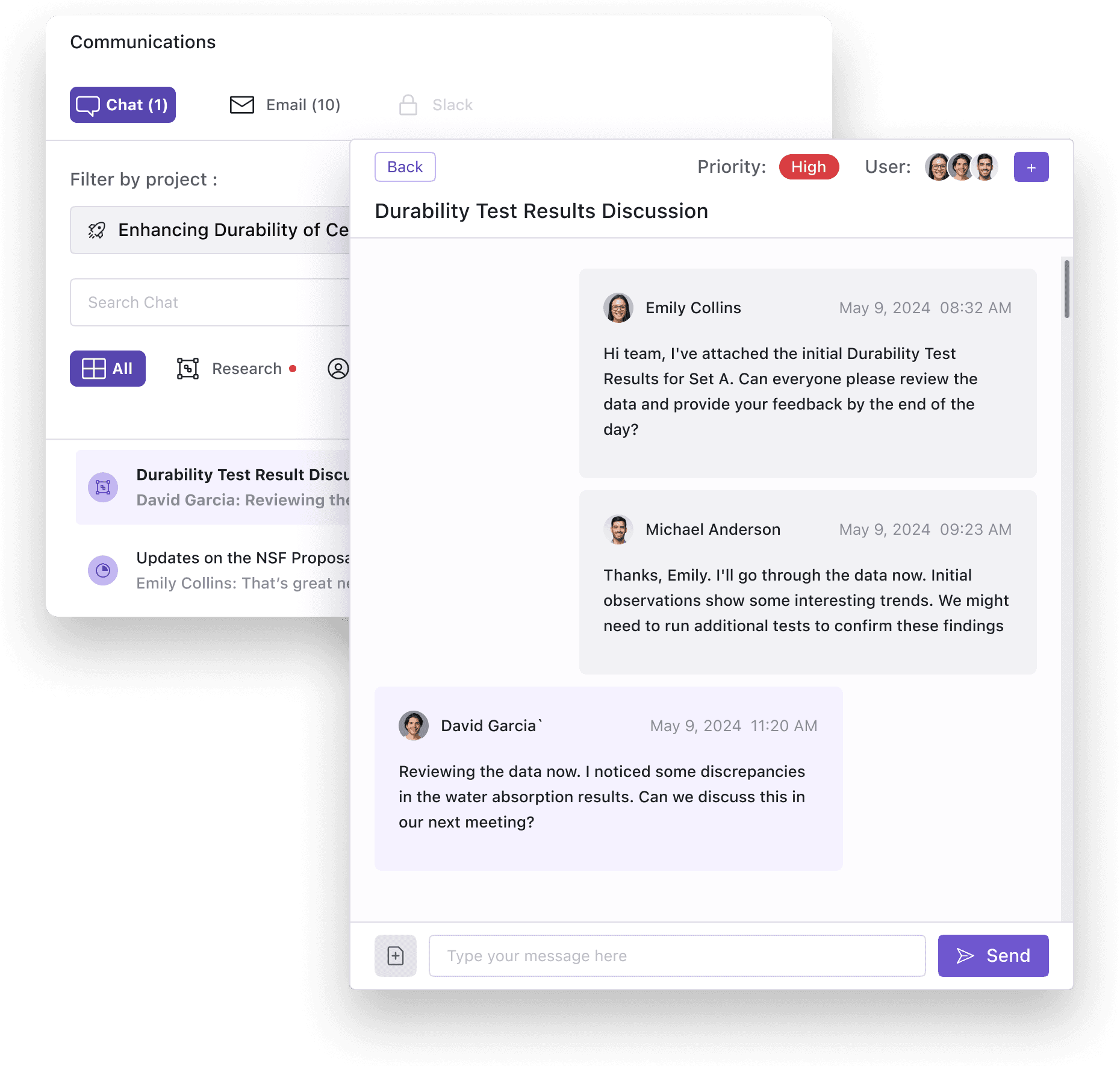 Radvix communication interface showing a chat discussion titled 'Durability Test Results Discussion' for the project 'Enhancing Durability of Cementitious Materials.' Emily Collins initiates the discussion by asking the team to review the attached durability test results for Set A. Michael Anderson responds, noting interesting trends and suggesting additional tests. David Garcia highlights discrepancies in the water absorption results and suggests discussing them in the next meeting. The interface includes filters for project communications and displays other chats and email notifications.