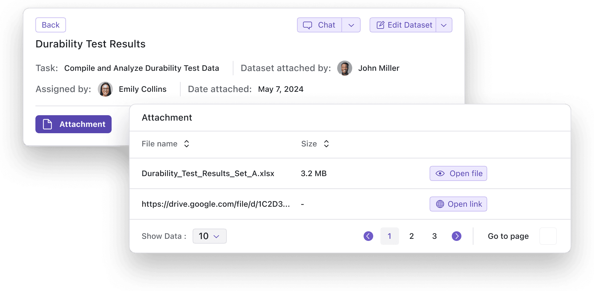 Radvix task interface for 'Durability Test Results' showing the task 'Compile and Analyze Durability Test Data,' assigned by Emily Collins and dataset attached by John Miller on May 7, 2024. The attachment section lists a file named 'Durability_Test_Results_Set_A.xlsx' with a size of 3.2 MB and a Google Drive link. Options to open the file or link, chat, and edit the dataset are also visible.