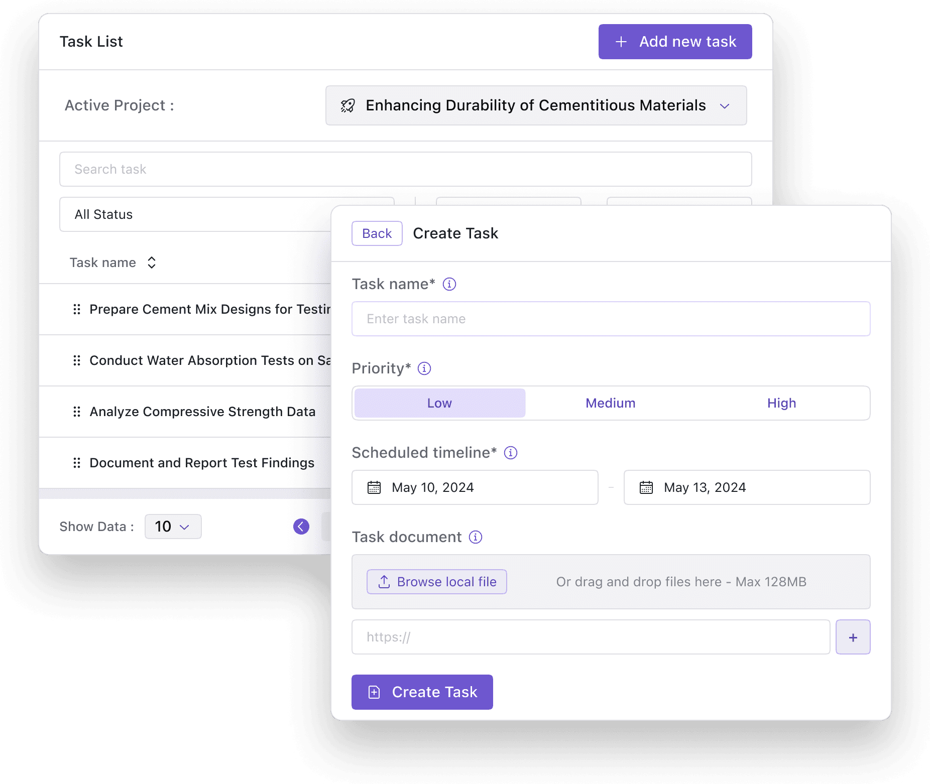 Radvix interface showing the task list for the project 'Enhancing Durability of Cementitious Materials.' The task list includes tasks such as 'Prepare Cement Mix Designs for Testing,' 'Conduct Water Absorption Tests on Samples,' 'Analyze Compressive Strength Data,' and 'Document and Report Test Findings.' The 'Create Task' window is also visible, with fields to enter task name, priority (low, medium, high), scheduled timeline (May 10, 2024 - May 13, 2024), and task document upload options. The interface allows users to add new tasks and manage existing ones.