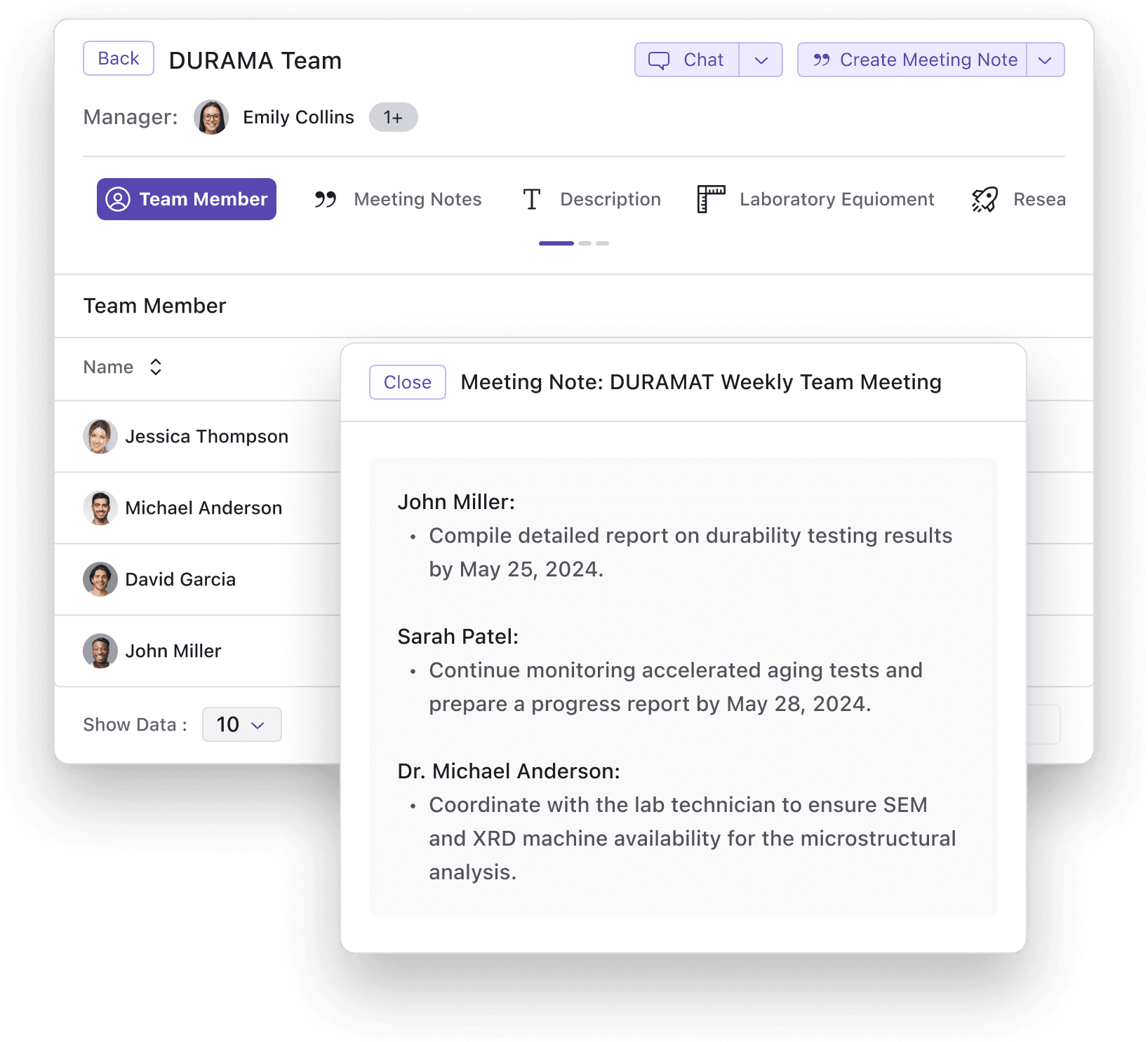 Radvix team management interface for the DURAMA Team, managed by Emily Collins. The interface displays team members Jessica Thompson, Michael Anderson, David Garcia, and John Miller. A meeting note titled 'DURAMAT Weekly Team Meeting' lists action items for John Miller, Sarah Patel, and Dr. Michael Anderson. The tasks include compiling a detailed report on durability testing, monitoring accelerated aging tests, and coordinating lab equipment availability.