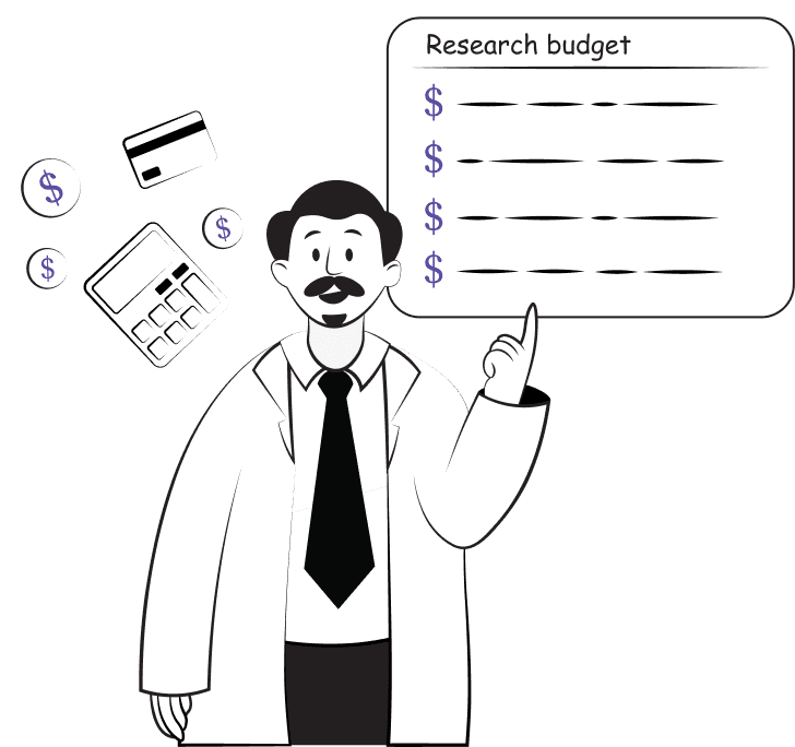 Illustration of a researcher in a lab coat pointing to a 'Research Budget' board with dollar signs, representing budget management. The researcher appears thoughtful and is surrounded by additional dollar signs, highlighting the focus on financial planning and budgeting for research projects.