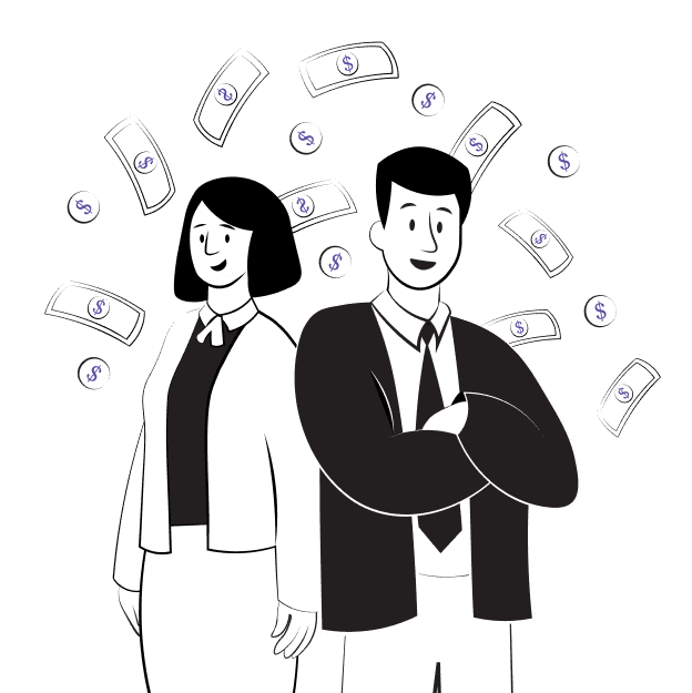 Illustration of two business professionals standing confidently with dollar signs floating around them, representing a funding entity. The image emphasizes financial support and investment in research projects.