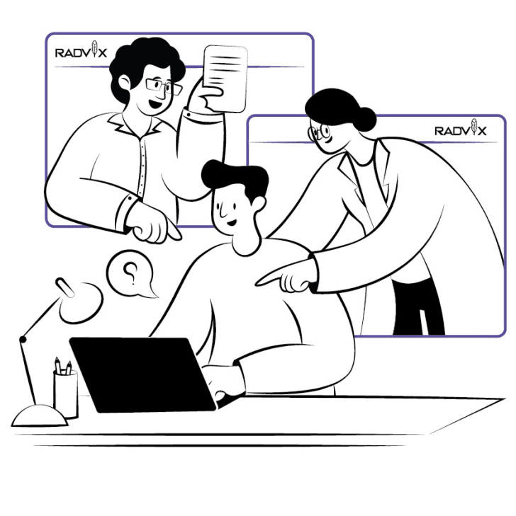 Illustration of three researchers collaborating using Radvix. Two researchers are depicted in separate frames, discussing and pointing at documents, while a third researcher works on a laptop at a desk. The Radvix logo is visible in the background, highlighting the platform's role in facilitating teamwork and communication in research projects.