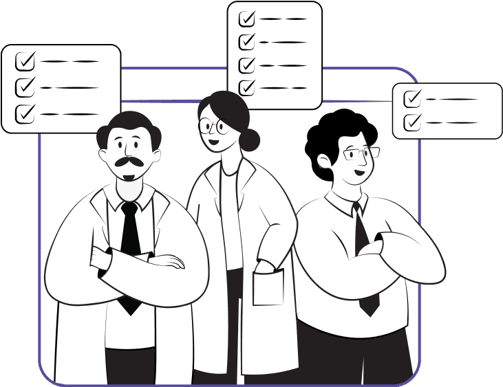 Illustration of three researchers standing confidently with checklists in the background. The researchers, two men and one woman, are depicted wearing lab coats and smiling, indicating successful completion of tasks. The checklists symbolize organized and efficient project management in a research environment.