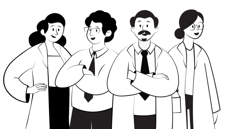 Illustration of four researchers standing together, smiling and confident. The group consists of two men and two women, all wearing lab coats. They represent a collaborative and diverse research team working together on scientific projects.